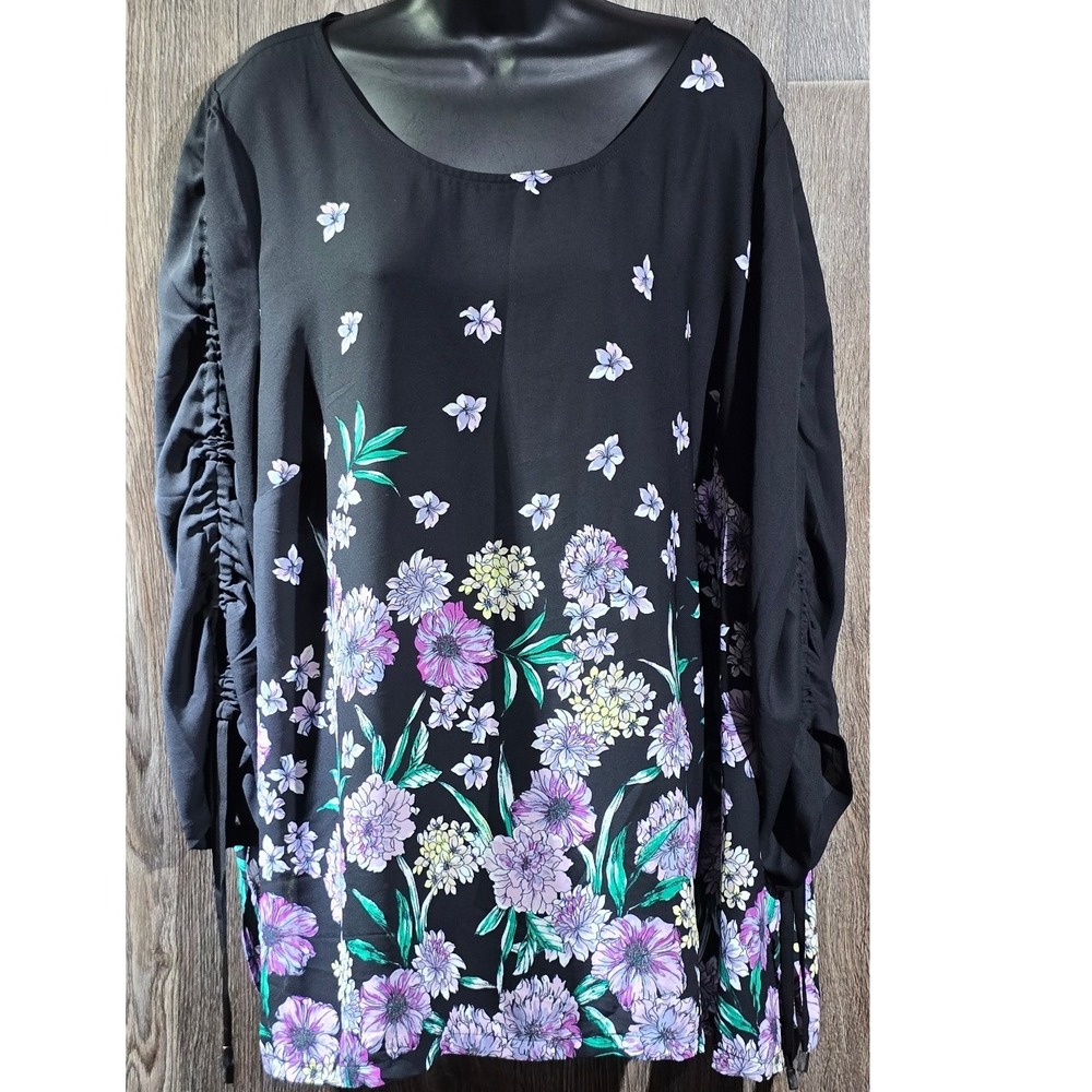 Liz Claiborne Woman 2X Black Floral Print Long Sleeve‎ Blouse Ruched Drawstring